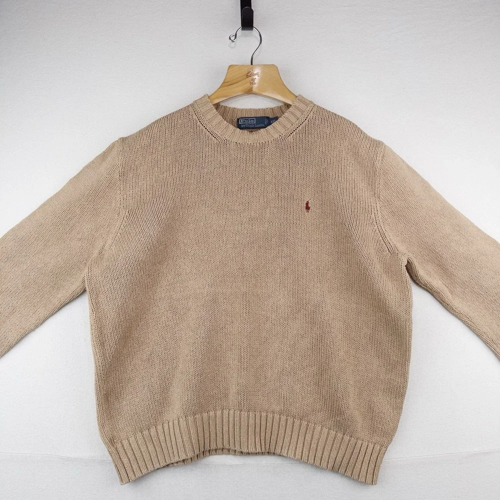90's Vintage Polo Ralph Lauren Knit Sweater Mens 2XL Camel Brown Cotton Crewneck